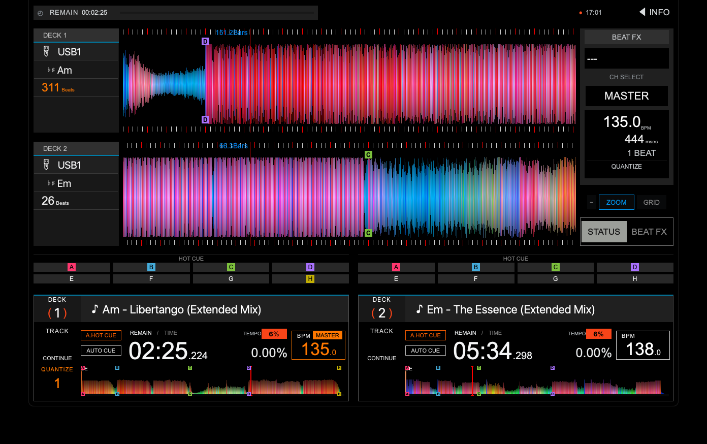 NauticMixxx PERFORMANCE view with two loaded tracks, RGB waveforms and Hot Cues