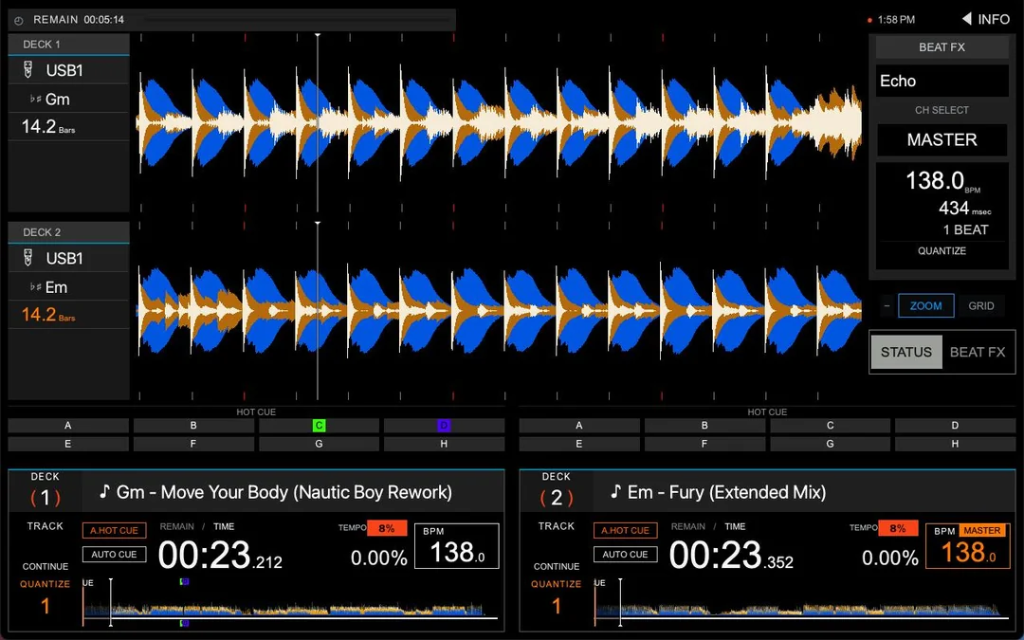 NauticMixxx running dual decks with 3-band waveforms and Beat FX section